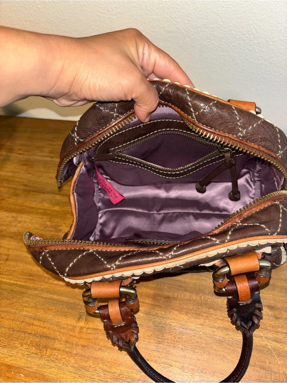Juicy Couture Quilted Dark Brown Satchel with Tan Accents